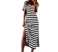 Robe Tee Shirt Femme Longue rayé col v Robe de Plage Femme ete Grande Taille Robe Droite Femme Chic et Elegant fenude Maxi Robe Femme Casual Simple Vintage Retro Manche Courte (White, S)