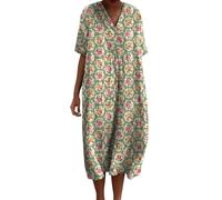 Robe Tee Shirt Femme Ronde Pull Robes Manches Courtes Ample Casuel A-Line Imprimé Fleur Robes Col V Coton Fluide Robe De Bal Femme Décontractée Dresses pour Fête Travail