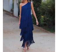 Robe tendance à col diagonal pour femme avec pompons multicouches, idéale pour les fêtes (S bleu)