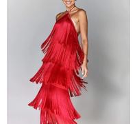 Robe tendance à épaules dénudées avec ourlet gâteau multicouche parfaitement adaptée pour rehausser votre look de fête (M rouge)