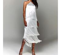 Robe tendance à épaules dénudées avec ourlet gâteau multicouche parfaitement adaptée pour rehausser votre look de fête (M blanc)