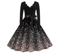 Robe tendance à manches longues et col en V pour femme - Pour Noël, soirée, bal de fin d'année, fête de plage, 2025, rose, L
