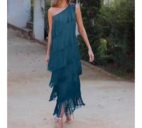 Robe tendance pour femme avec col diagonal et pompons multicouches élégants (L Bleu paon)