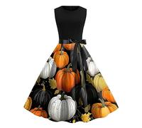 Robe tendance pour femme - Robe de plage d'été pour femme - Imprimé - Col rond - Sans manches - Vintage - Robe de cocktail - Robe de bal de fin d'année - Hauts habillés pour femme pour soirée, Orange,