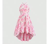 Robe tissée imprimé floral rose pour jeune fille pré-ado, décontractée de vacances printemps/été, une pièce, col rond, bretelles spaghetti, ourlet asymétrique, courte devant et longue derrière, dos ou