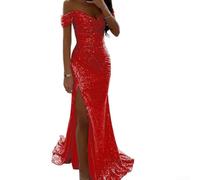 Robe toutes saisons pour femme avec col en V et épaules dénudées avec paillettes pour soirée (M rouge)