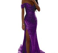 Robe toutes saisons pour femme avec col en V et épaules dénudées avec paillettes pour soirée (S Violet)
