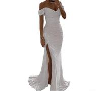Robe toutes saisons pour femme avec col en V et épaules dénudées avec paillettes pour soirée (XL argenté)