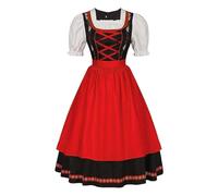 Robe traditionnelle bavaroise pour femme - Rouge - Longue robe Dirndl avec tablier en dentelle - 2 pièces - Élégante robe bavaroise moderne - Robe traditionnelle raffinée pour fête de la bière