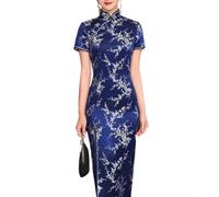 Robe traditionnelle Cheongsam pour femme - Longue robe chinoise Qipao avec imprimé fleurs de prunier - Col mandarin rétro - Robe de soirée maxi pour le printemps et l'été - Taille M - Bleu
