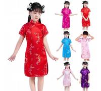 Robe traditionnelle chinoise Gheongsam à imprimé floral pour filles - Nouvel An - Manches courtes - Col montant - Fente sur le côté - Élégante - Douce - Mignonne - Tenue moderne, Rouge, 11-12 ans