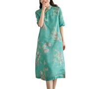 Robe traditionnelle chinoise Qipao à manches courtes en coton et lin pour femme, vert, XX-Large