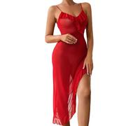 Robe Transparente Sexy érotique Club libertin Dentelle Robe été Femme mi-longue Fluide Volants à Bretelles col V Plongeant asymétrique Lingerie Nuisette Coquine Hot (Red, L)