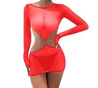 Robe Transparente Sexy Érotique Club Libertin Moulante Courte Été Maille Dos Nu Manche Longue Clubbing Ensemble Lingerie Femme 2 Pièces String et Babydoll (Red, S)