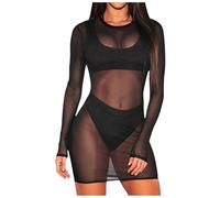 Robe Transparente Sexy Femme érotique Club libertin Wetlook Cache Maillot de Bain Robe de Plage Femme ete Courte en Tulle Manche Longue Tenue Lingerie Coquine Hot Babydoll Nuisette (Black, S)
