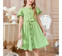 Robe trapèze à manches courtes pour fille - Col rond - Manches flottantes - Nœud à la taille - Décontractée - Douce - Polyvalente - Pour