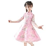 Robe trapèze brodée en dentelle pour filles - Manches en tulle - Joli nœud - Robe traditionnelle chinoise pour festival - Pour mariage, concours de beauté, anniversaire, Nouvel An, rose, 10-11 ans