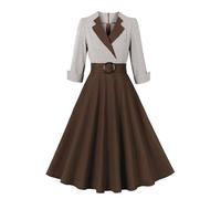 Robe trapèze décontractée Vintage à col en v et Manches 3/4 pour Femmes, Robe de Cocktail de Mariage, Robe trapèze des années 1950, Robes de Bal rétro (café,S)