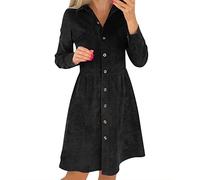 Robe trapèze festive Robes élégantes pour femmes, manches longues, robe chemise à une rangée, robe en velours côtelé solide, bouton long, jupe chaude robes de printemps, Noir , L
