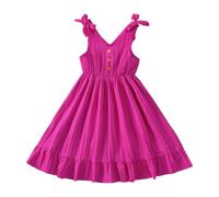 Robe trapèze fluide à volants avec nœud sans manches et col en V et boutons taille haute (rose vif, 7 à 8 ans)