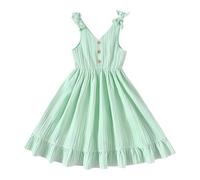 Robe trapèze fluide à volants avec nœud sans manches et col en V et boutons taille haute (vert, 11 à 12 ans)