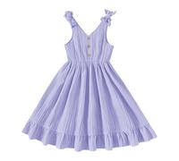 Robe trapèze fluide à volants avec nœud sans manches et col en V et boutons taille haute (violet, 7 à 8 ans)