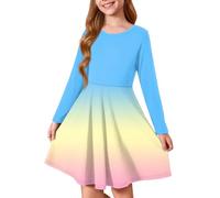 Robe trapèze imprimée à manches longues pour filles, robe décontractée en coton doux avec motifs amusants pour filles de 4 à 14 ans, tenue quotidienne pour l'école et le w nd**, bleu clair, 5-6
