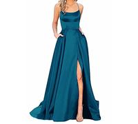 Robe trapèze Longue en Satin avec Dos Nu, Fines Bretelles croisées dans Le Dos, Fente latérale et Poches Élégante Robe de Bal, de Mariage ou de soirée pour Femme, Bleu et Vert., 44