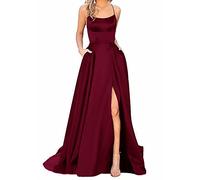 Robe trapèze longue en satin avec dos nu, fines bretelles croisées dans le dos, fente latérale et poches Élégante robe de bal, de mariage ou de soirée pour femme