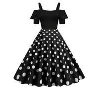 Robe trapèze Noire à Pois et à Manches Courtes pour Femme, Style rétro, avec Bretelles et Volants, Nouvelle Collection Robe Empire (Black, L)