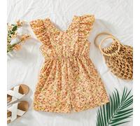 Robe trapèze pour filles 2025 été, nouveau modèle à fleurs miettes, manches à volants, col en V, taille cintrée, découpe au dos, style campagne à la mode pour jeunes filles 6Y,7Y,4Y,5YPlantesPolyester