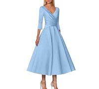 Robe trapèze pour mère de la mariée, invité de mariage, vintage, grande taille, élégante, col en V, longueur du thé, satin, manches 1/2 avec plis, bleu clair, XXL