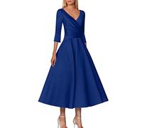 Robe trapèze pour mère de la mariée, invité de mariage, vintage, grande taille, élégante, col en V, longueur du thé, satin, manches 1/2 avec plis, bleu, XXL