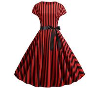 Robe trapèze rayée à Manches Courtes et col Rond pour Femmes d'été avec Taille de Ruban Noir-Rouge-XL