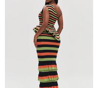 Robe tricotée à une épaule, longueur maxi, sans manches, à volants, modeste pour l'église, sexy et ajustée, pour sortir, brunch, anniversaire, école, orange, vert, noir L,M,S,XL,XSRayéTricots