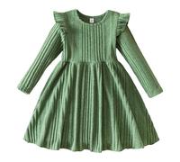 Robe Tricotée Enfant Fille 2-7 Ans Robe Pull Hiver Fille Manche Longue Chaude Robe Princesse Fille Col Rond à Volants Chic Confortable La Mode Baptême Pas Cher (Green, 3-4 Ans)