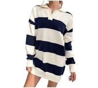 Robe tricotée femme hiver ample amincissante pull tricoté robe bloc de couleur rayée décontractée pull robe, Marine, M