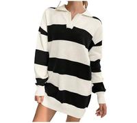 Robe tricotée femme hiver ample amincissante pull tricoté robe bloc de couleur rayée décontractée pull robe, Noir , M
