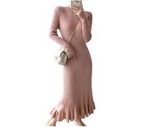 Robe Tricotée Robe Sirène Robe Une Pièce Tricotée épaisse Robes pour Femmes Élégante Robe Pull Midi à Manches Longues, Pink, S 40-47.5kg