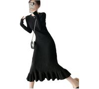 Robe Tricotée Robe Sirène Robe Une Pièce Tricotée épaisse Robes pour Femmes Élégante Robe Pull Midi à Manches Longues, Black, S 40-47.5kg