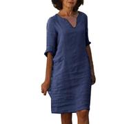 Robe tunique ample aspect lin avec col en V et manches 3/4 - Robe d'été aérée pour les voyages chauds en ville et les après-midi détendus au café glacé, Style L02 bleu, XXL