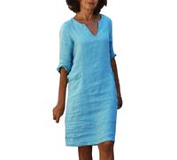 Robe tunique ample aspect lin avec col en V et manches 3/4 - Robe d'été aérée pour les voyages chauds en ville et les après-midi détendus au café glacé, Style L01 bleu, S