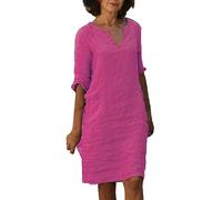 Robe tunique ample aspect lin avec col en V et manches 3/4 - Robe d'été aérée pour les voyages chauds en ville et les après-midi détendus au café glacé, Style L06 violet, XL