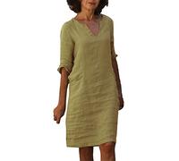 Robe tunique ample aspect lin avec col en V et manches 3/4 - Robe d'été aérée pour les voyages chauds en ville et les après-midi détendus au café glacé, Style L04 kaki, L