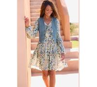 Robe tunique encolure en v profonde avec ruban décoratif et houppes - Buffalo - crème-bleu imprimé CRÈME-BLEU IMPRIMÉ 46