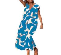 Robe Tunique Femme Grandes Tailles Été Col en V Manches Courtes Fluide Swing Longue Robe A-Line Patron de Couture Robe Femme 46, bleu, XXL