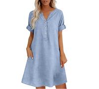 Robe Tunique Femme Mi Longue Fluide en Lin Et Coton Été Robes Décontracté Bouton Grande Taille Dress de Blouse Col en V Haut Manches Longues Couleur Unie Légère Élégant Chemise