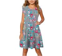 Robe Tunique Fille 4-13 Ans Ete Fluide Ample Imprimé Ligne A Robe Enfants Filles Chic Et Elegant Casual Robes de Fête Soirée Ceremonie Vacances Bapteme Anniversaire Robes d'été légère Dress de Plage