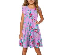 Robe Tunique Fille 4-13 Ans Ete Fluide Ample Imprimé Ligne A Robe Enfants Filles Chic Et Elegant Casual Robes de Fête Soirée Ceremonie Vacances Bapteme Anniversaire Robes d'été légère Dress de Plage
