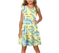 Robe Tunique Fille Ete Fluide Ample Imprimé Ligne A Robe Enfants Filles Chic Et Elegant Casual Robes de Fête Soirée Ceremonie Vacances Bapteme Anniversaire Robes d'été légère Dress de Plage 4-13 Ans